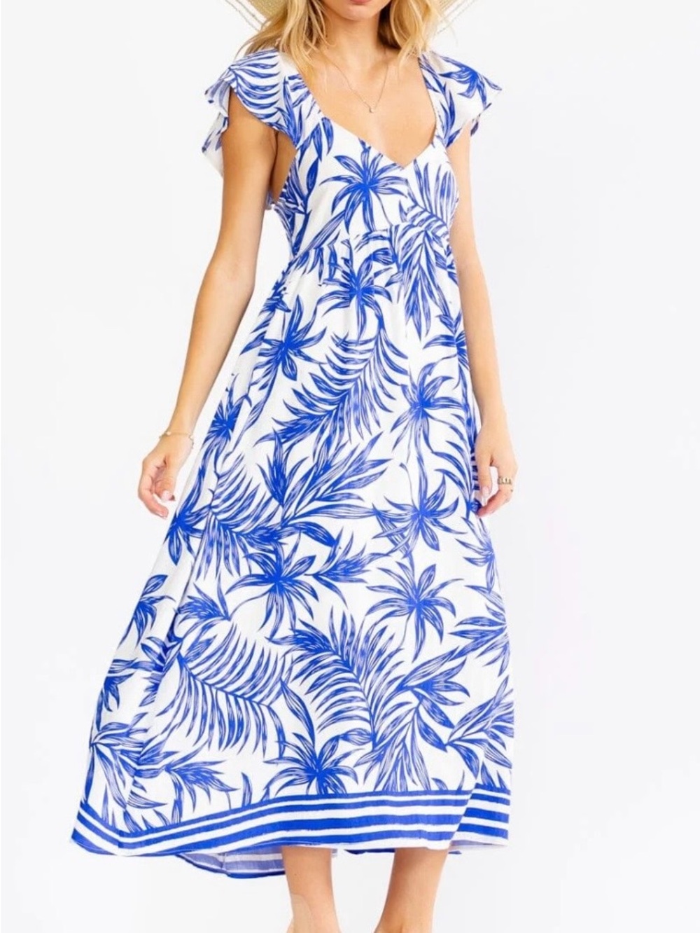 Blue Palm-Print V-Neck Maxi Dress - White & Blue